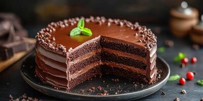 Decadent chocolate cake with rich frosting displayed on a black plate surrounded by dessert ingredients photo