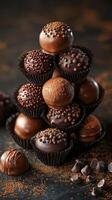 Delicious chocolate truffles stacked elegantly on a dark surface with scattered chocolate pieces photo