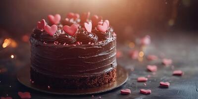 Delicious chocolate cake decorated with heart-shaped sweets for a special celebration in an intimate setting photo