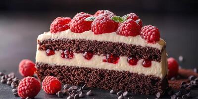 Delicious chocolate cake with raspberries and cream served on a dark table setting photo