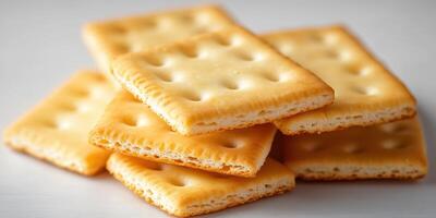 Stack of crispy saltine crackers on a clean surface, ideal for snacking or cooking in various dishes photo