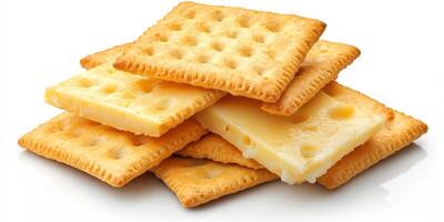 Stacked crackers with creamy cheese snack ready for enjoyment on a white background photo
