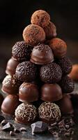 Chocolate truffles stacked in a pyramid shape on a textured surface showcasing rich varieties photo