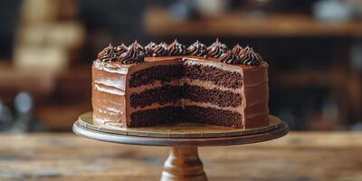 Delicious chocolate cake with layers displayed on a wooden cake stand in a cozy cafe setting photo