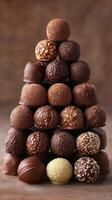 Tower of assorted chocolate truffles arranged in a pyramid shape on a wooden surface photo