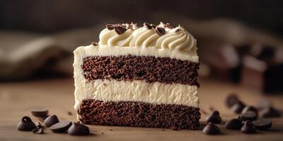Delicious slice of chocolate cake with creamy frosting and chocolate shavings on a rustic wooden table photo