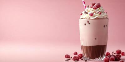 Indulgent raspberry chocolate milkshake topped with whipped cream on a pink background photo