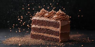 Delicious chocolate cake layered with rich frosting and a sprinkle of cocoa powder on a dark background photo