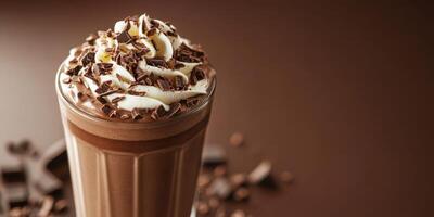 Creamy chocolate milkshake topped with whipped cream and chocolate shavings on a dark background photo
