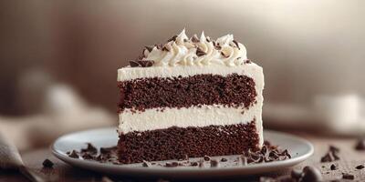 Delicious chocolate layer cake with creamy frosting and chocolate shavings served on a plate photo