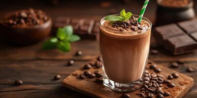 Creamy chocolate smoothie topped with mint leaves and chocolate shavings in a rustic wooden setting photo