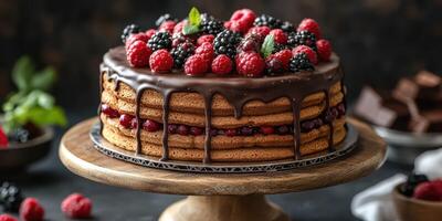 Delicious dessert with layers of chocolate, raspberries, and blackberries on a wooden cake stand photo