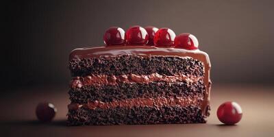 Moist chocolate cake with cherry toppings served on a wooden surface in a dimly lit setting photo
