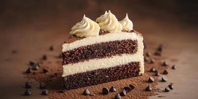 Mouthwatering chocolate cake slice with creamy frosting and chocolate chips on a simple backdrop photo
