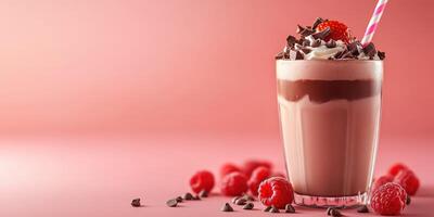 Delicious chocolate milkshake topped with whipped cream, chocolate chips, and fresh raspberries on a pastel background photo