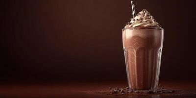 Delicious chocolate milkshake topped with whipped cream served in a tall glass photo