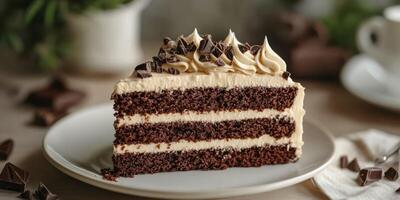 Delicious layered chocolate cake with creamy frosting and chocolate shavings on top, perfect for desserts and celebrations photo