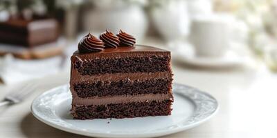 Delicious slice of chocolate cake served on a white plate in a cozy cafe during afternoon tea photo