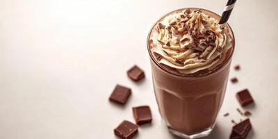 Creamy chocolate shake topped with whipped cream and chocolate shavings served in a tall glass photo