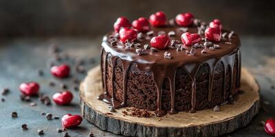 Chocolate cake with red berries and chocolate drizzle garnished for a delightful dessert experience photo