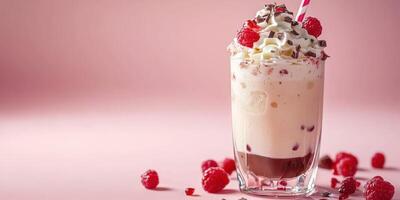Delightful raspberry shake with whipped cream and chocolate chips on a pastel pink background photo