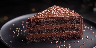 Delicious chocolate cake slice with colorful sprinkles on a dark plate presented beautifully in an elegant setting photo