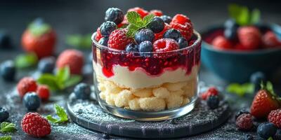 Delicious dessert with layers of cream, berries, and jam on a dark textured surface photo