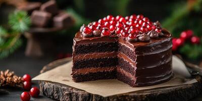 Chocolate cake decorated with red berries on a wooden table for a festive celebration in winter photo
