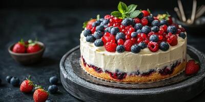 Delicious layered cake topped with fresh strawberries, blueberries, and raspberries on a dark background photo
