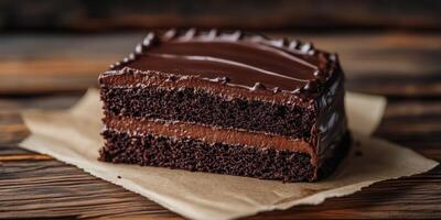 Delicious chocolate cake slice on rustic wooden table with smooth icing and rich layers enjoyed during afternoon snack time photo