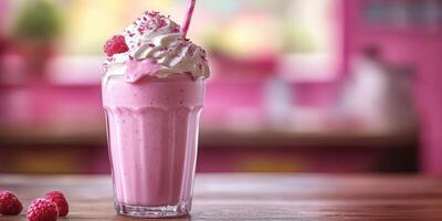Refreshing raspberry milkshake served in a glass with whipped cream and sprinkles in a vibrant pink setting photo