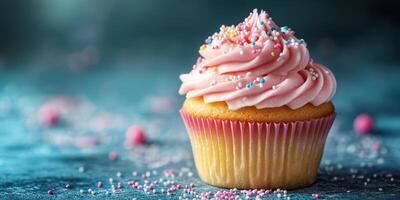 Delicious cupcake with pink frosting and colorful sprinkles on a blue background with scattered candy decorations photo