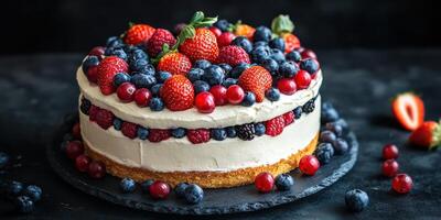 Delicious layered cake topped with fresh berries ready to be served at a summer gathering photo