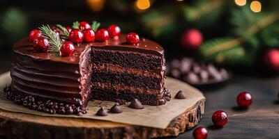 Chocolate cake with red berries on a wooden board during a festive celebration at night photo