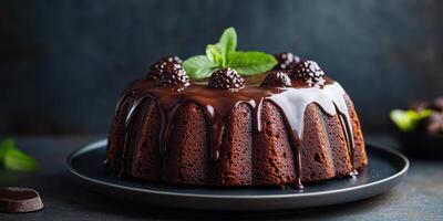 Decadent chocolate bundt cake with glossy ganache and fresh berries on a dark background photo