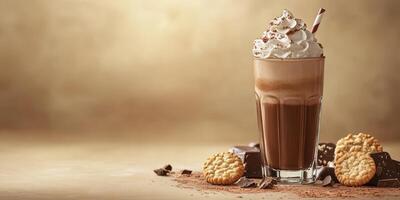 Delicious chocolate milkshake topped with whipped cream and served with assorted cookies in a warm setting photo