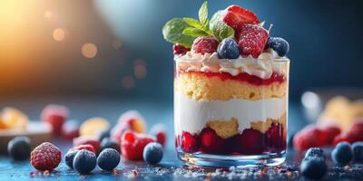 Delicious layered dessert featuring fresh berries and cream served in a glass on a rustic table at sunset photo