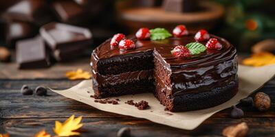 Decadent chocolate cake with fresh strawberries and mint leaves on a rustic wooden table photo