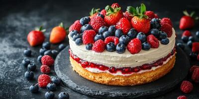 Freshly made berry cake topped with strawberries, blueberries, and raspberries on a black stone plate photo