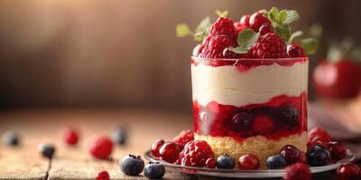 Indulgent berry dessert layered with cream and cake captured in warm lighting photo