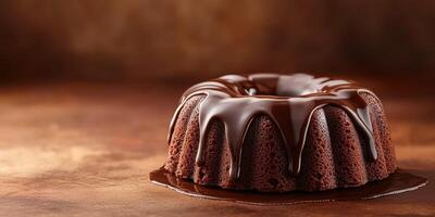 Chocolate bundt cake served on a wooden surface with rich chocolate glaze and a warm, inviting background photo
