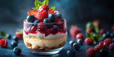 Delicious dessert featuring layers of sponge cake, cream, and mixed berries on a dark background photo