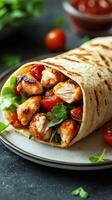 Delicious grilled chicken wrap filled with fresh vegetables served on a plate photo