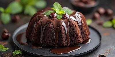 Decadent chocolate bundt cake topped with rich glaze and fresh mint leaves served on a dark plate photo