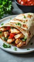 Delicious chicken wrap with fresh vegetables served on a white plate surrounded by herbs photo