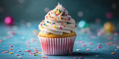 Cupcake with colorful frosting and sprinkles on blue background with festive confetti scattered around photo