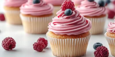 Delicious raspberry and blueberry cupcakes decorated with creamy frosting in a bright setting photo