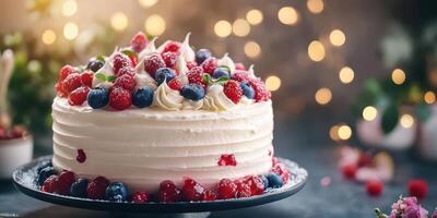 Delicious berry topped cake decorated with cream and fresh fruits for a festive celebration in a cozy setting photo