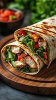 Delicious grilled chicken wrap with fresh vegetables served on a wooden platter in a kitchen setting photo