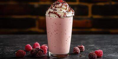 Indulgent milkshake topped with whipped cream and chocolate drizzle on a rustic background photo
